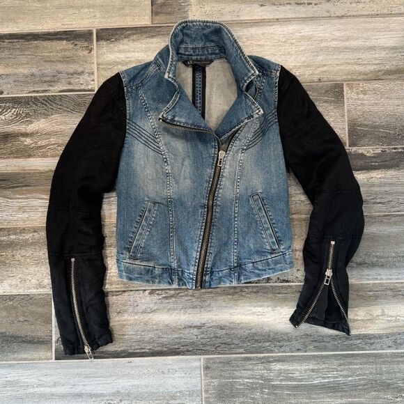 Armani A/X Denim Jacket, Black Cloth Sleeves, Zip Close Moto Fitted Denim Style - Picture 7 of 8